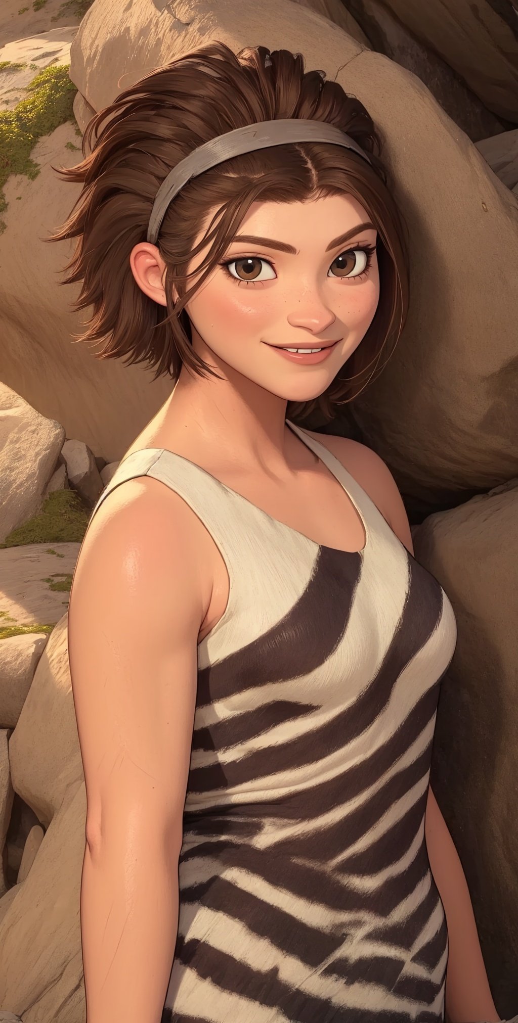 Ugga,brown hair,short hair,brown eyes, muscular,  hairband, hair up, 
dress,animal print, off shoulder, sleeveless, 
standing,  upper body, 
solo, smile, 
small cave,  wasteland, 
(insanely detailed, beautiful detailed face, masterpiece, best quality)   