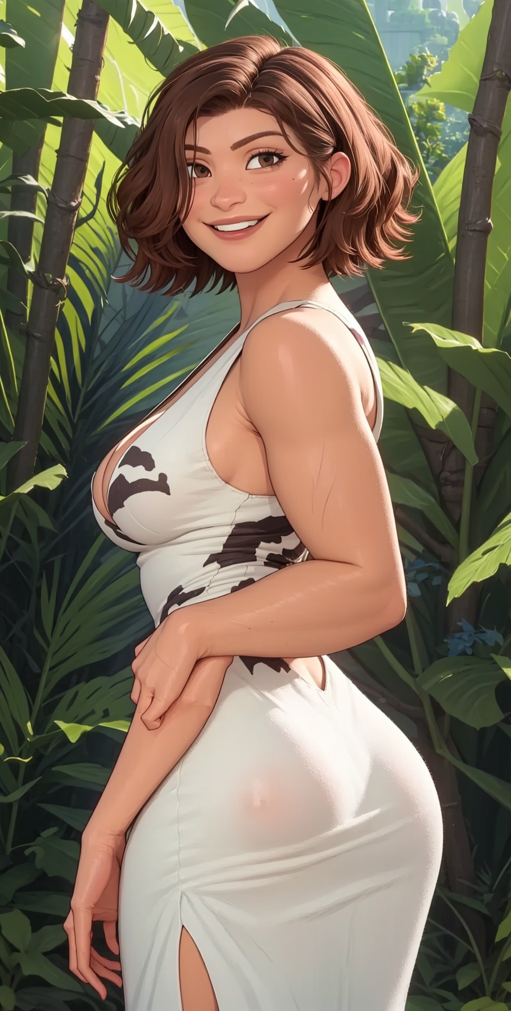 Ugga,brown hair,short hair,brown eyes, muscular,
dress,animal print, off shoulder, sleeveless,  cleavage,   body scars, teeth, tight, 
  clenched hands,  grin, 
standing,  upper body, 
solo, smile, from behind,  ass,
tropical forest,  large fruits, 
(insanely detailed, beautiful detailed face, masterpiece, best quality)   