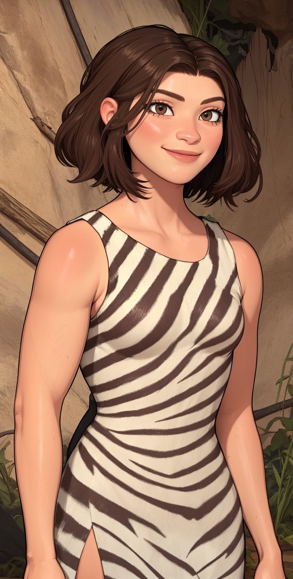 Ugga,brown hair,short hair,brown eyes, muscular,  
dress,animal print, off shoulder, sleeveless, 
standing,  upper body, 
solo, smile, 
small cave,  wasteland, 
(insanely detailed, beautiful detailed face, masterpiece, best quality)   