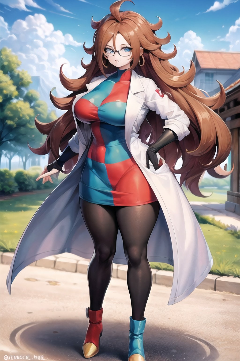 android_21_labcoat,labcoat,coat,dress,curly hair,very long hair,checkered,glasses,blue eyes,brown hair,two-tone dress,large breasts,black legwear,collarbone,thick thighs,
masterpiece,best quality,ultra detailed, 8k, 4k,highly detailed, scenery,pose,solo,