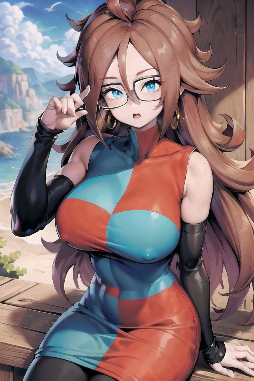 android_21_checkered_clothes,dress,curly hair,very long hair,checkered,glasses,blue eyes,detached sleeves,brown hair,pantyhose,two-tone dress,large breasts,bare shoulders,sleeveless dress,black legwear,collarbone,masterpiece,best quality,ultra detailed, 8k, 4k,highly detailed, scenery,pose,solo,
