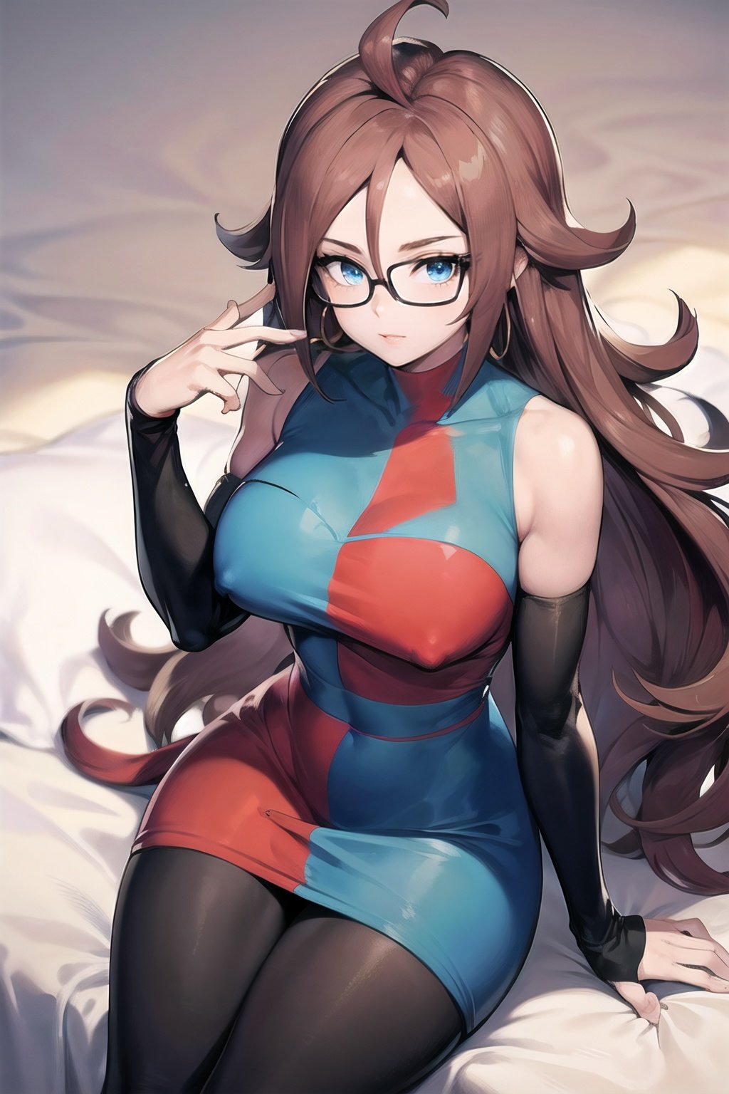 android_21_checkered_clothes,dress,curly hair,very long hair,checkered,glasses,blue eyes,detached sleeves,brown hair,pantyhose,two-tone dress,large breasts,bare shoulders,sleeveless dress,black legwear,collarbone,masterpiece,best quality,ultra detailed, 8k, 4k,highly detailed, scenery,pose,solo,
