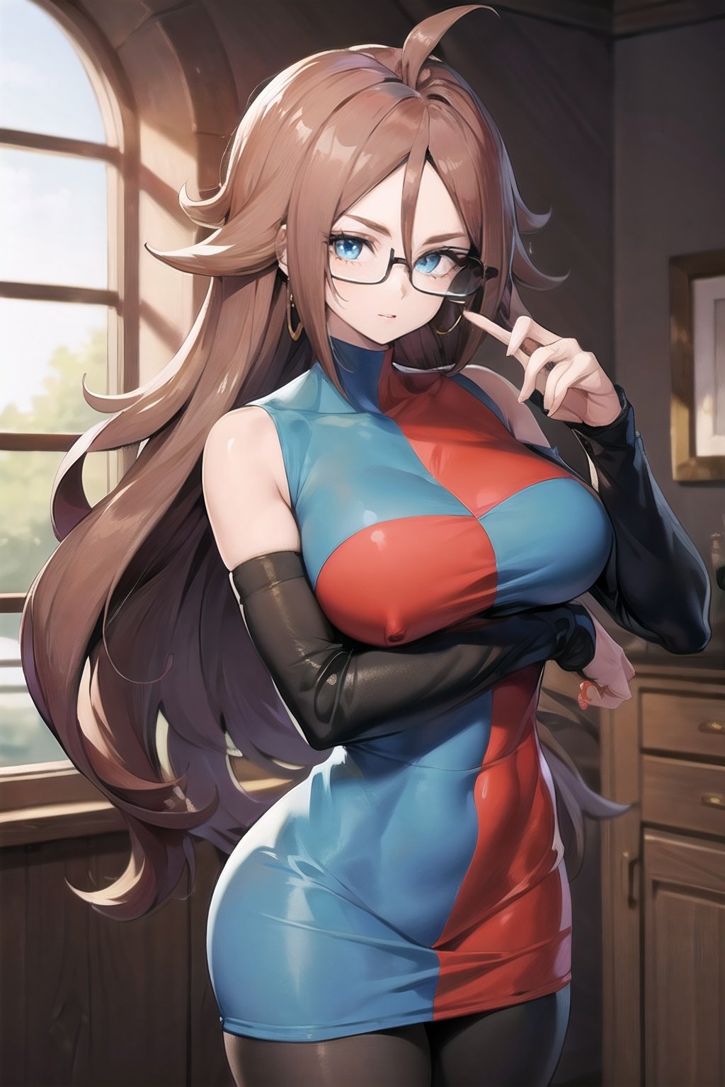 android_21_checkered_clothes,dress,curly hair,very long hair,checkered,glasses,blue eyes,detached sleeves,brown hair,pantyhose,two-tone dress,large breasts,bare shoulders,sleeveless dress,black legwear,collarbone,masterpiece,best quality,ultra detailed, 8k, 4k,highly detailed, scenery,pose,solo,
