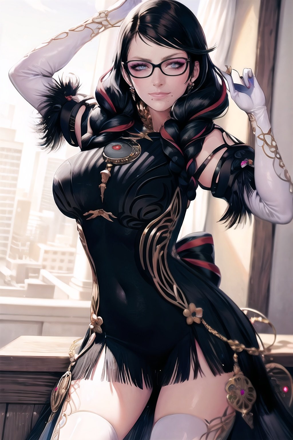 bayonetta_3_twintail_aiwaifu,glasses,blue_eyes,black_hair,long_hair,two-tone_hair,twintails,breasts,jewelry,earrings,gloves,mole_under_mouth,lips,large_breasts,twin_braids,makeup,black-framed_eyewear,bodysuit,elbow_gloves,very_long_hair,lipstick,multicolored_hair,ribbon,amulet,hair_ribbon,dress,thighhighs,white_gloves,eyebangs,clothing_cutout,official art,extremely detailed CG unity 8k wallpaper, perfect lighting,Colorful, Bright_Front_face_Lighting,shiny skin,
(masterpiece:1.0),(best_quality:1.0), ultra high res,4K,ultra-detailed,
photography, 8K, HDR, highres, (absurdres:1.2), Kodak portra 400, film grain, blurry background, (bokeh:1.2), lens flare, (vibrant_color:1.2),professional photograph,
(beautiful_face:1.5),