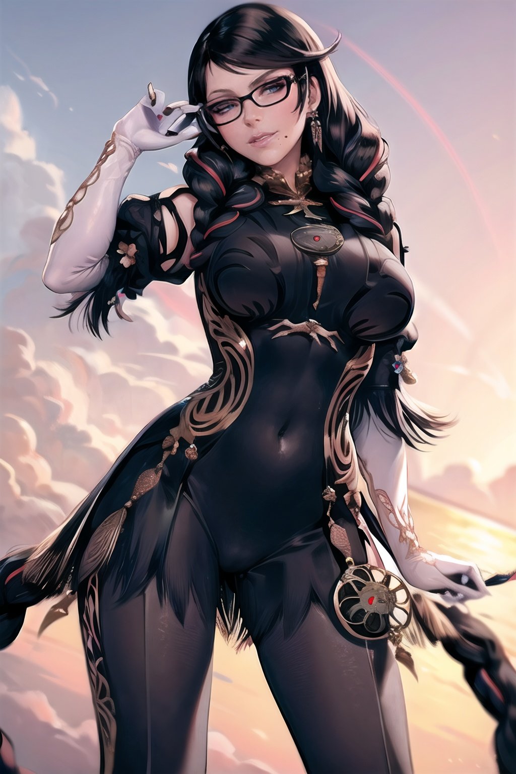 bayonetta_3_twintail_aiwaifu,glasses,blue_eyes,black_hair,long_hair,two-tone_hair,twintails,breasts,jewelry,earrings,gloves,mole_under_mouth,lips,large_breasts,twin_braids,makeup,black-framed_eyewear,bodysuit,elbow_gloves,very_long_hair,lipstick,multicolored_hair,ribbon,amulet,hair_ribbon,dress,thighhighs,white_gloves,eyebangs,clothing_cutout,
masterpiece,best quality,ultra detailed, 8k, cinematic light,highly detailed, scenery,pose,solo,looking at viewer,