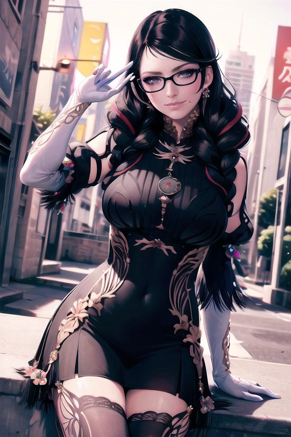 bayonetta_3_twintail_aiwaifu,glasses,blue_eyes,black_hair,long_hair,two-tone_hair,twintails,breasts,jewelry,earrings,gloves,mole_under_mouth,lips,large_breasts,twin_braids,makeup,black-framed_eyewear,bodysuit,elbow_gloves,very_long_hair,lipstick,multicolored_hair,ribbon,amulet,hair_ribbon,dress,thighhighs,white_gloves,eyebangs,clothing_cutout,official art,extremely detailed CG unity 8k wallpaper, perfect lighting,Colorful, Bright_Front_face_Lighting,shiny skin,
(masterpiece:1.0),(best_quality:1.0), ultra high res,4K,ultra-detailed,
photography, 8K, HDR, highres, (absurdres:1.2), Kodak portra 400, film grain, blurry background, (bokeh:1.2), lens flare, (vibrant_color:1.2),professional photograph,
(beautiful_face:1.5),