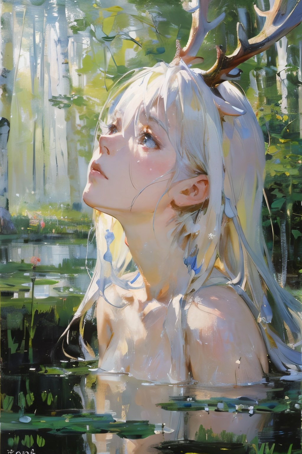 1girl,birch forest,monet color,(antler:1.2),naked,stream,close shot,huge chest,close shot,anime characters,white hair,deer hair,the whole body,oil painting,post-impressionist,(face upward:1.2),Post Impressionist,Droplets,well,soft lighting,COOL,
