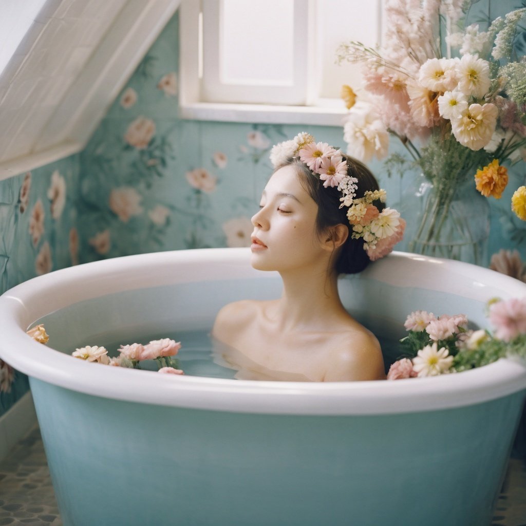 fsw,In the bathroom, 1girl lies in a large bathtub filled with warm, misty water.Pastel-colored flowers adorn the walls, adding a touch of elegance to the space. Her serene expression reflects a sense of tranquility and contentment as she enjoys her private moment of relaxation, detailed skin, best quality