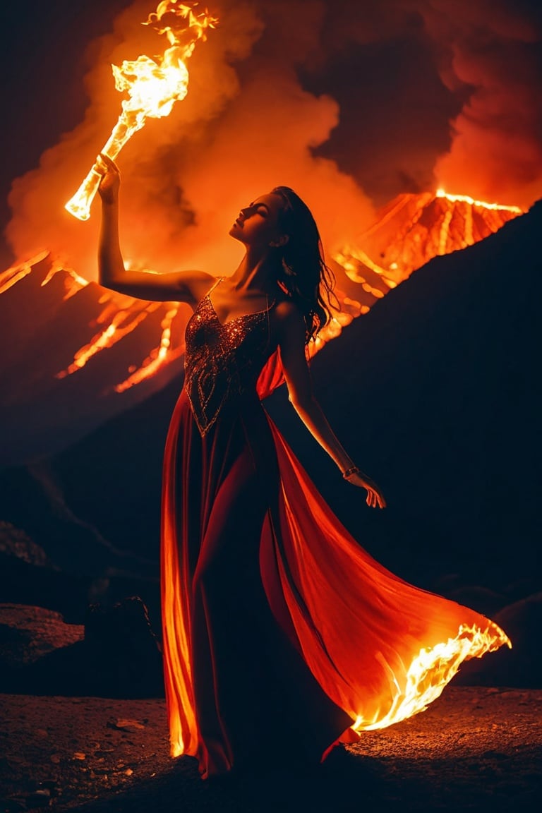 1girl, Dominated by saturated red, orange, and yellow tones, highlighting the intense heat of the flames, creating a mysterious and energetic atmosphere.
In front of the volcano, use transparent backlighting to create a hazy light effect, accompanied by smoke and swirling hot air, adding drama and mystery.
The girl holds a torch with dancing flames; clothing can be a flowing gown or cloak, emphasizing her connection with the flames.
The girl stands in front of the magma, slightly leaning backward, contrasting with the majestic volcano, highlighting her bravery and determination.
The girl holds the torch with both hands, slightly looking up, displaying confidence and resolve; dynamic poses can be explored, such as dancing or welcoming challenges with open arms.