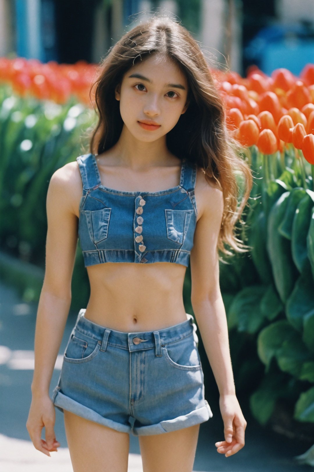 1girl, best quality,blurry, blurry_background, crop_top, denim, denim_shorts, flower, hair_flower, hair_ornament, lips, long_hair, looking_at_viewer, midriff, navel, photorealistic, realistic, red_flower, short_shorts, shorts, solo,,Highly Detailed . shallow depth of field, vignette, highly detailed, high budget, bokeh, cinemascope, moody, epic, gorgeous, film grain, grainy