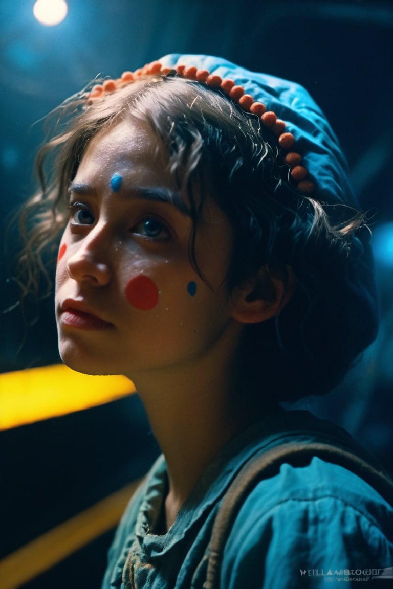 1girl, best quality,one thought he is clown, iredescent light ,er cinematic hard blue lighting,high angle hd 8k sharp shallow depth of field, dark deep space a place mystical lsd hallucination dream, very detailed, hyperrealistic, very detailed,  William Adolphe bouguereau,colourised, epic, tragic, military art, fantasy, dieselpunk, hd shot, digital portrait, beautiful, artstation, comic style, by artgerm, guy denning, jakub rozalski, magali villeneuve and charlie bowater,dramatic atmosphere, atmospheric perspective,torch lighting,ray tracing,starry universe background,perfecteyes