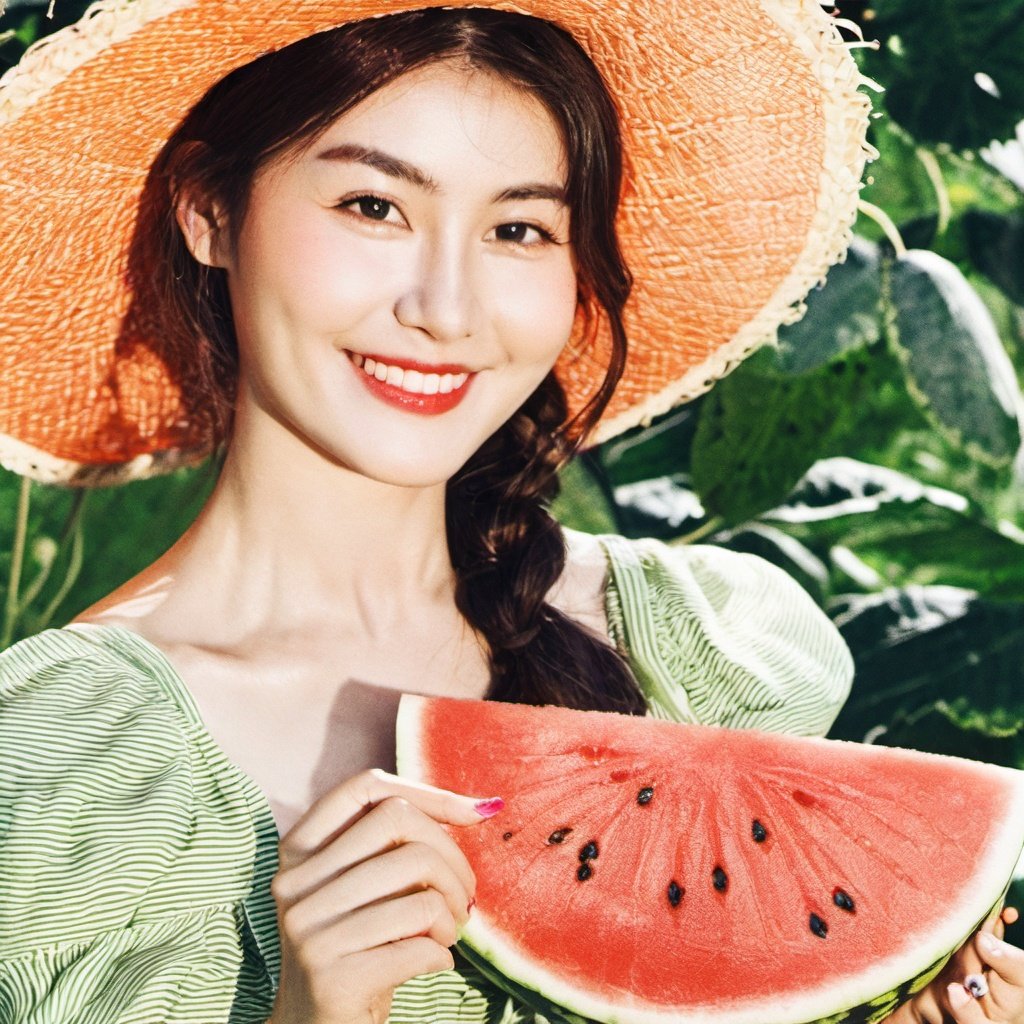 mggirl,portrait, a woman in a straw hat holding a piece of watermelon in her hand and smiling at the camera, 