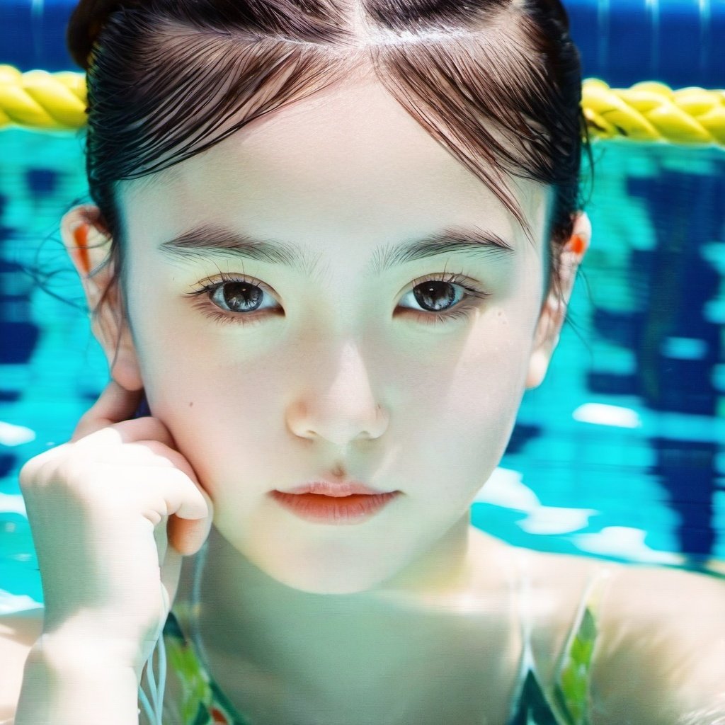 mggirl,portrait,  a young girl is swimming in a pool with her hand on her chin and looking at the camera with a serious look on her face,