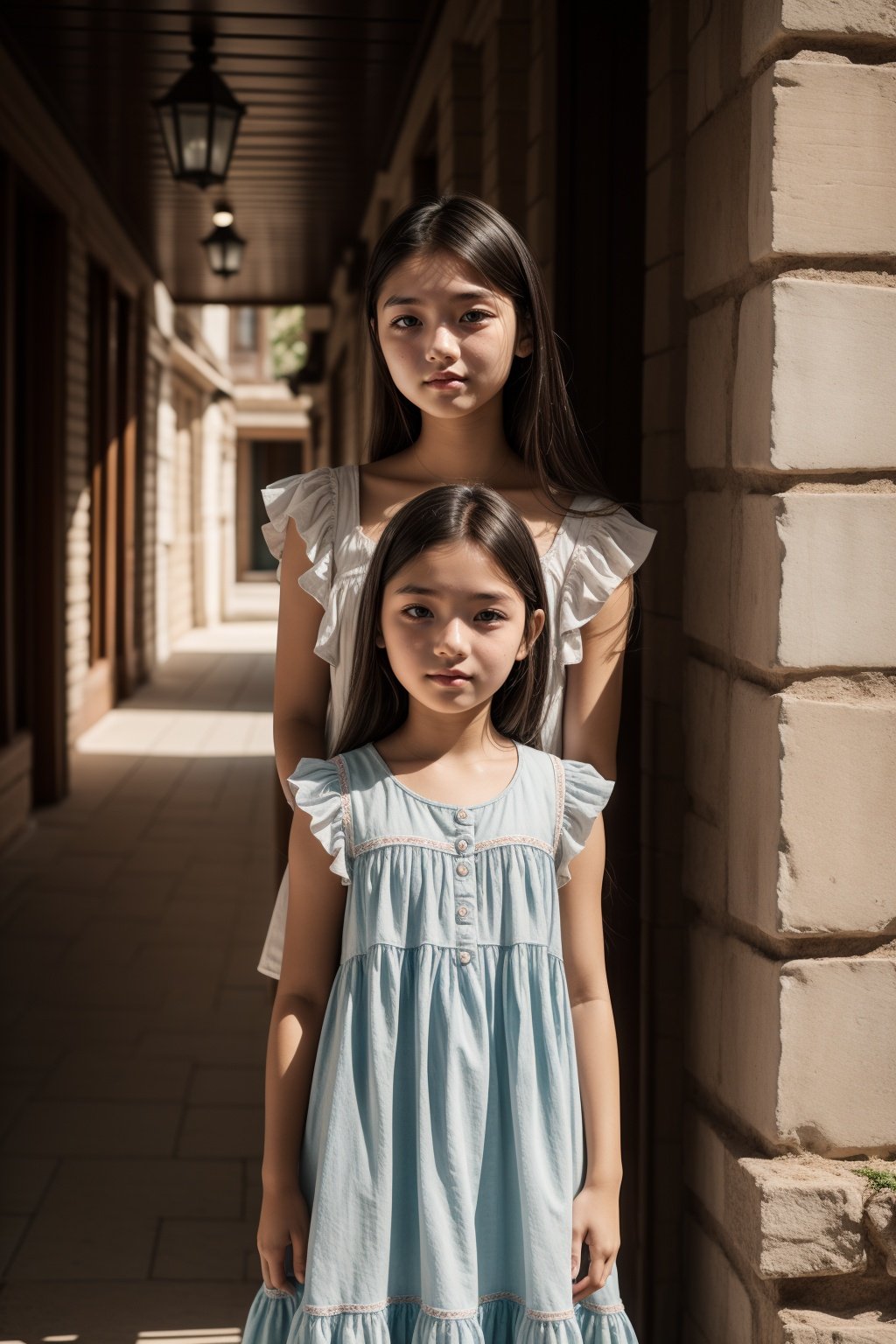 A 16 years old girl, baby dress, standing next to her mother, sunlight lighting 