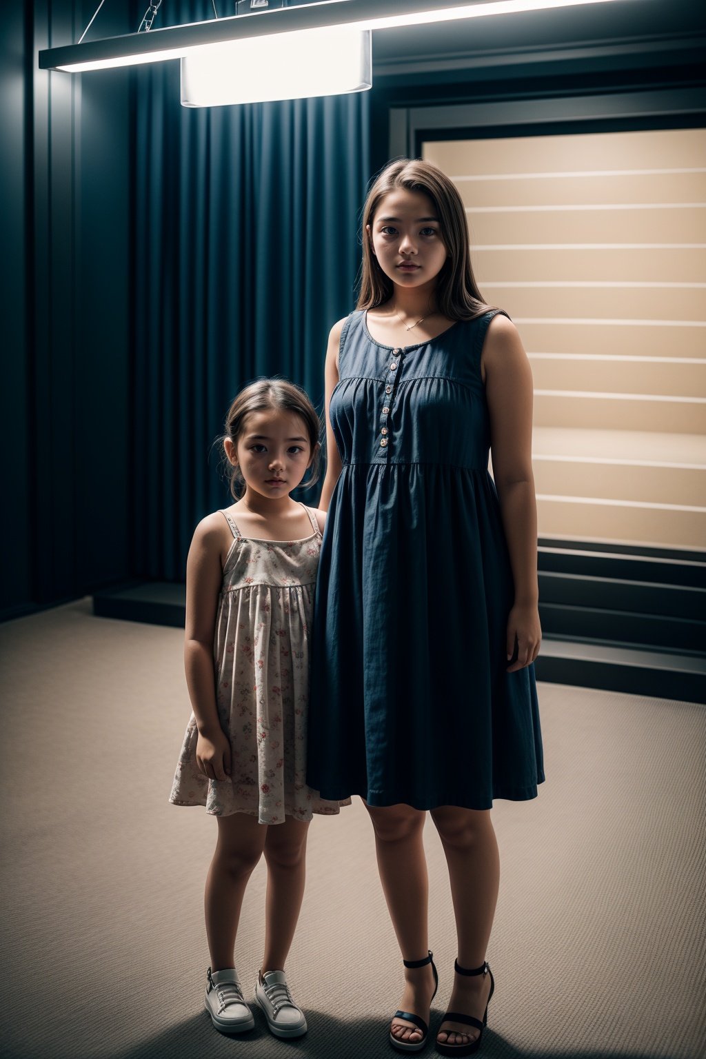 A 16 years old girl, baby dress, standing next to her mother, cinema lighting 