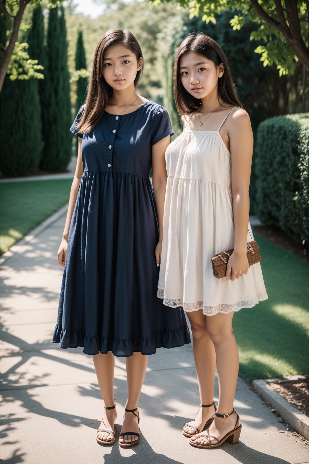 A 16 years old girl, baby dress, standing next to her mother, under the sunlight 