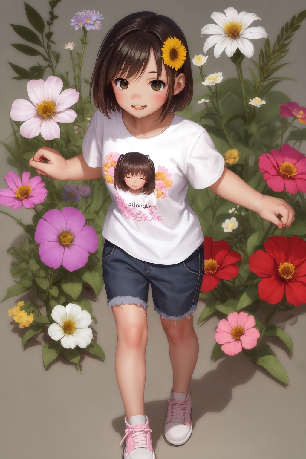 full body, solo, 1girl, look up to, smile, blush, t-shirt, flat chest, sidelighting, Eucalyptus seeded \(flower\), floral background <lora:hado_style_v01.1final:0.9>
