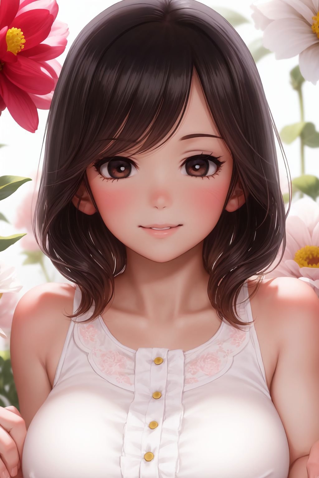portrait, solo, 1girl, looking ahead, smile, blush, blouse, large breasts, frontlighting, Dahlia \(flower\), floral background <lora:hado_style_v01.1final:0.9>