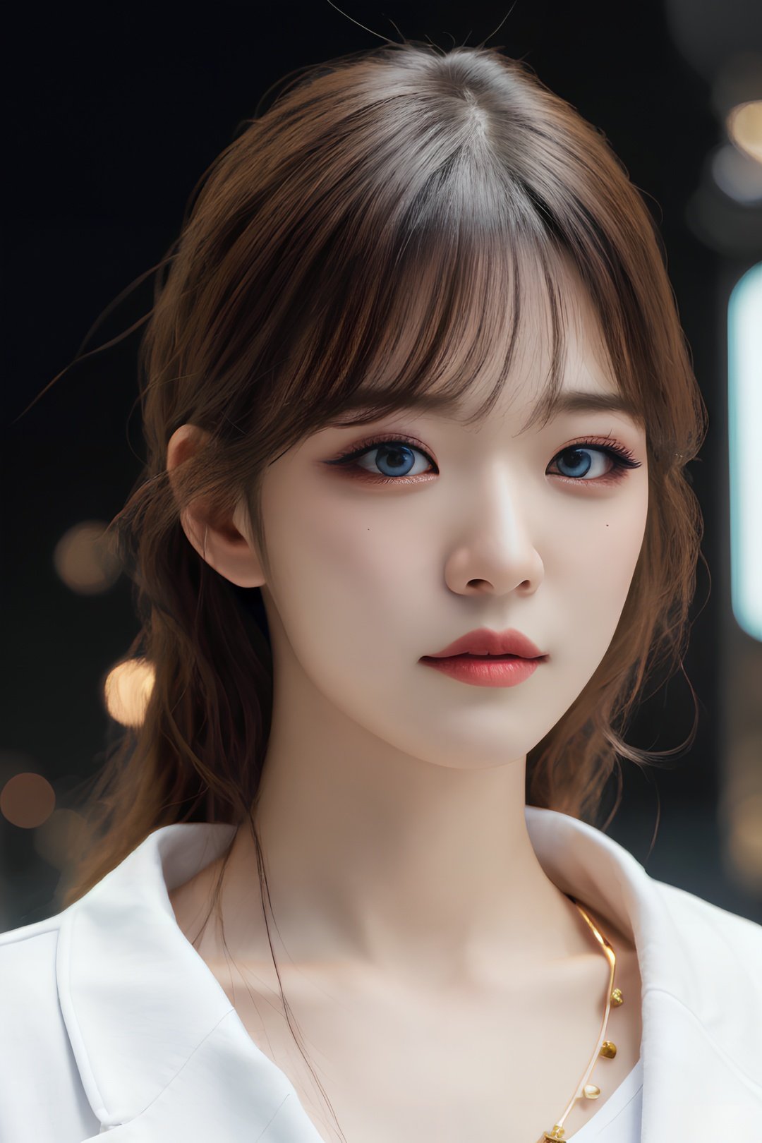 hyper realistic lifelike texture dramatic lighting unreal engine trending on art station, award winning photo, nikon RAW photo,8 k, Fujifilm XT3,masterpiece, best quality, realistic, photorealistic, ultra detailed, extremely detailed face, solo,1girl, standing, fashionable and trendy atmosphere, high-end makeup products, and a stylish expression on her face, close up, t-shirt, beautiful detailed girl, extremely detailed eyes and face, beautiful detailed nose, beautiful detailed eyes, cinematic lighting, city lights at night, perfect anatomy