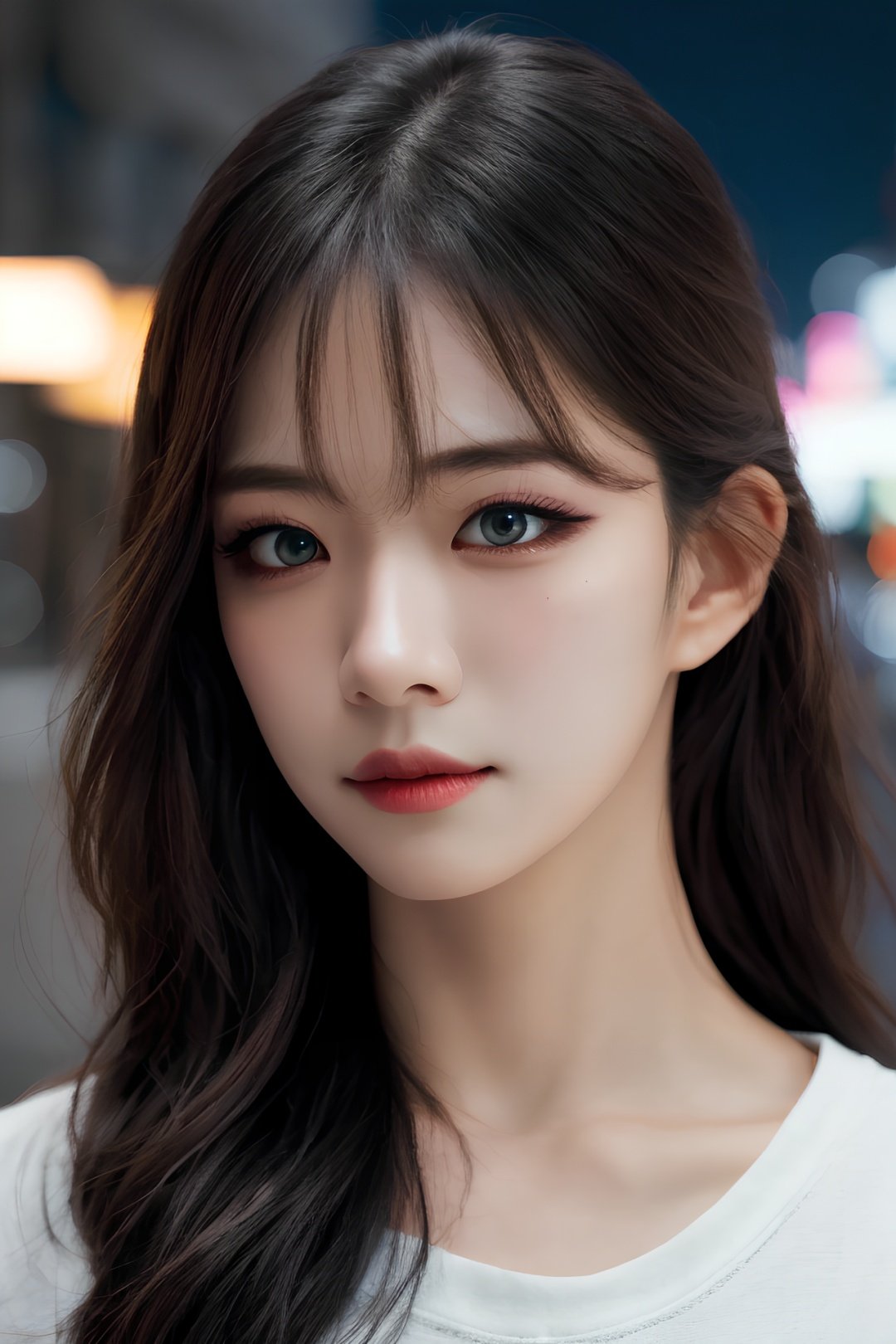 hyper realistic lifelike texture dramatic lighting unreal engine trending on art station, award winning photo, nikon RAW photo,8 k, Fujifilm XT3,masterpiece, best quality, realistic, photorealistic, ultra detailed, extremely detailed face, solo,1girl, standing, fashionable and trendy atmosphere, high-end makeup products, and a stylish expression on her face, close up, t-shirt, beautiful detailed girl, extremely detailed eyes and face, beautiful detailed nose, beautiful detailed eyes, cinematic lighting, city lights at night, perfect anatomy