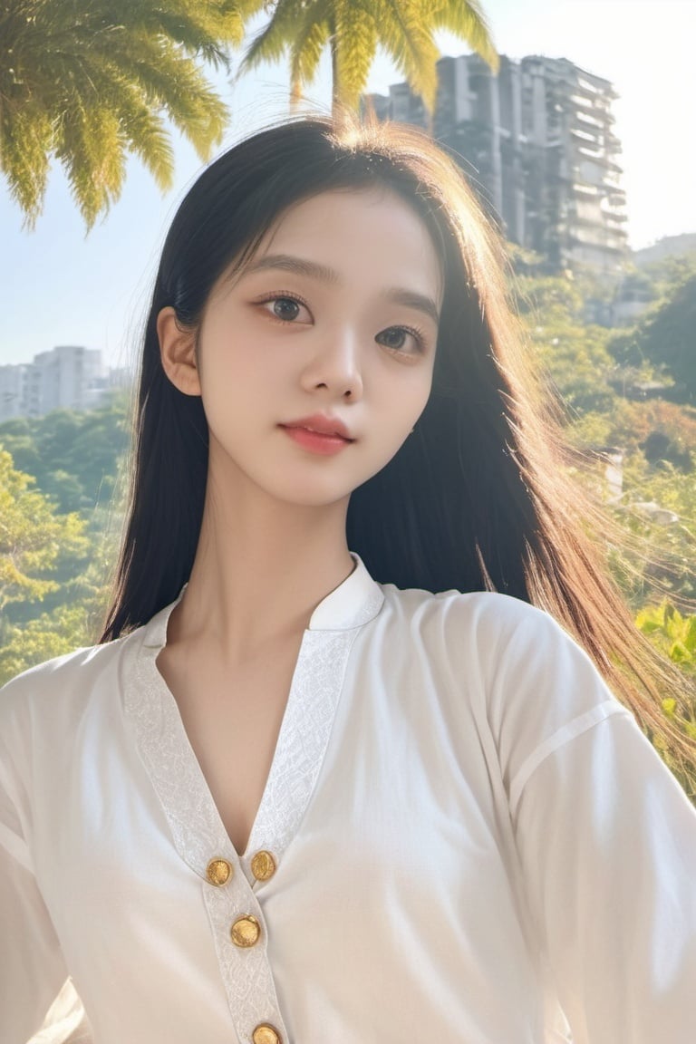 golden hour, photorealistic, masterpiece, best quality, raw photo, 1girl, long hair, detailed eyes and face, medium breast, white shirt, dynamic lighting, half_body shot,beautymix, vietnamese teen girl, vietnamese traditional clothes,sooyaaa