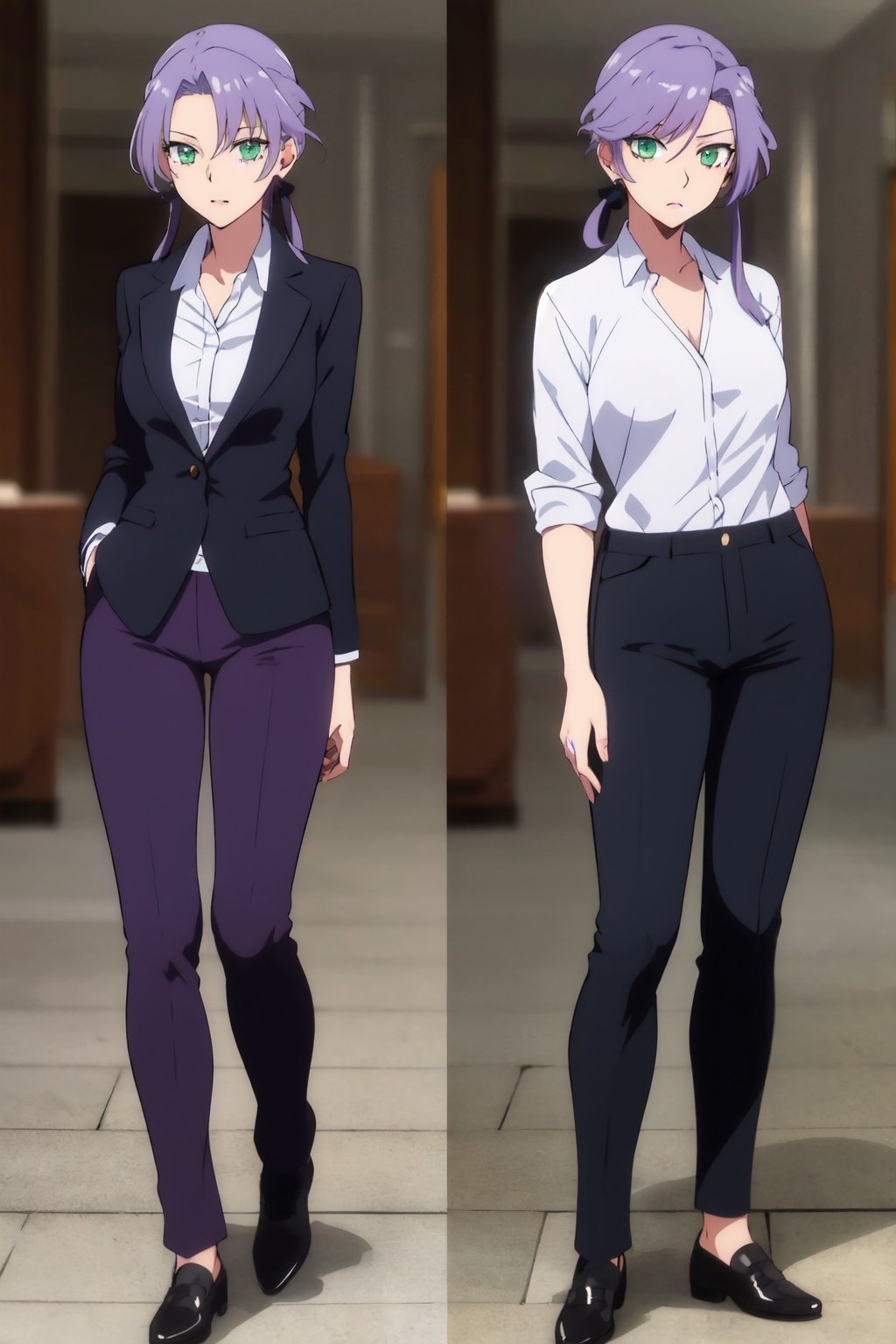 Master piece,Mature,lady,Rei, light green eyes,Standing,in white business shirt and pants,slim face,Dark purple hairs,hairs on head.