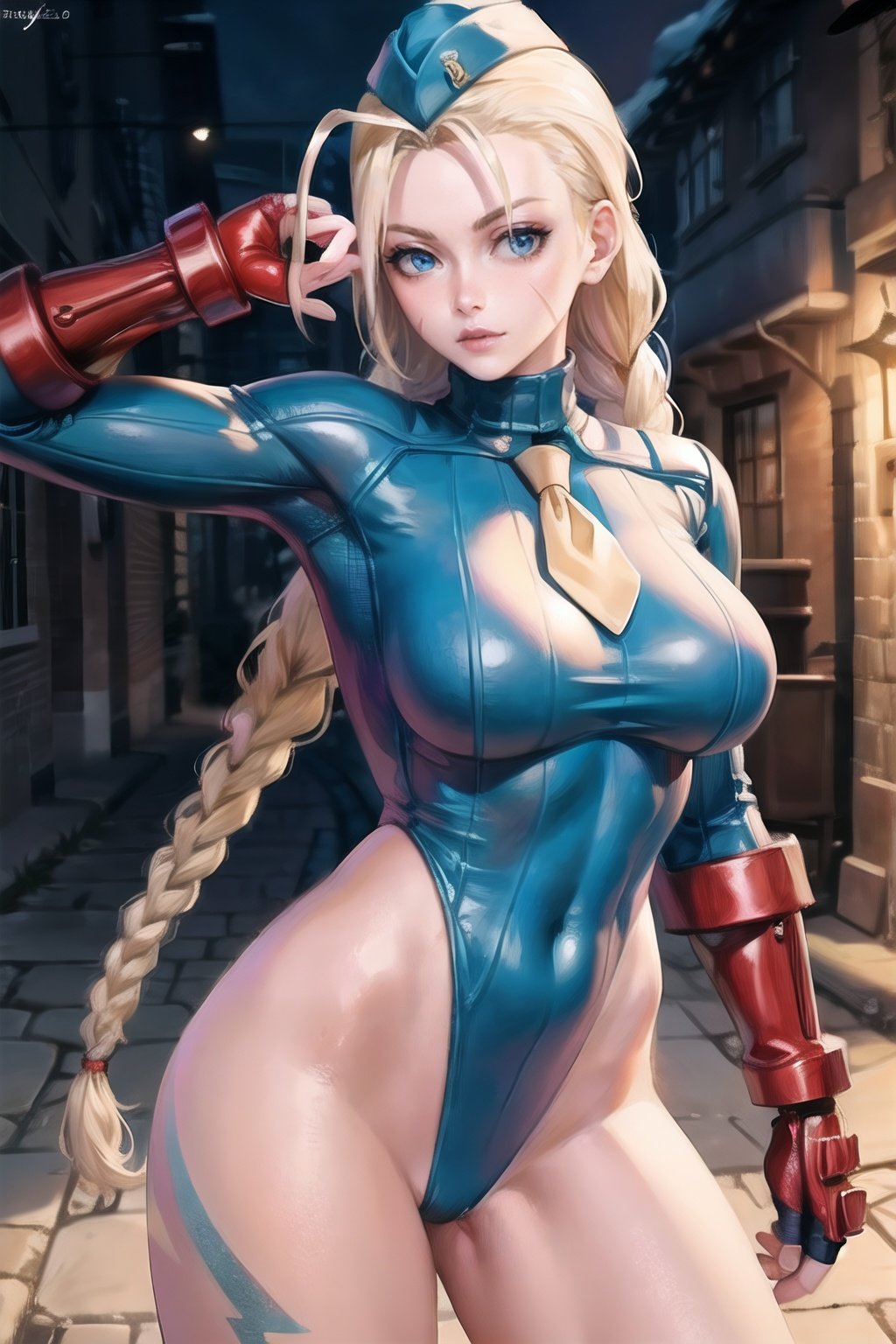 cammy_blue_bodysuit_aiwaifu,cammy white,cammy_blue_bodysuit_aiwaifu,blonde hair,leotard,long hair, hat, blue leotard, gloves, garrison cap, braid, twin braids, blue eyes, fingerless gloves, scar, ribbed leotard, necktie, highleg leotard, bodypaint, highleg ,thong leotard, red gloves, very long hair, lips, scar on face, large breasts, yellow necktie, blue headwear, scar on cheek, thick thighs, covered nipples, turtleneck, antenna hair, makeup, long braid, toned, skin tight,
masterpiece,best quality,ultra detailed, 8k, cinematic light,highly detailed, scenery,pose,solo,looking at viewer,