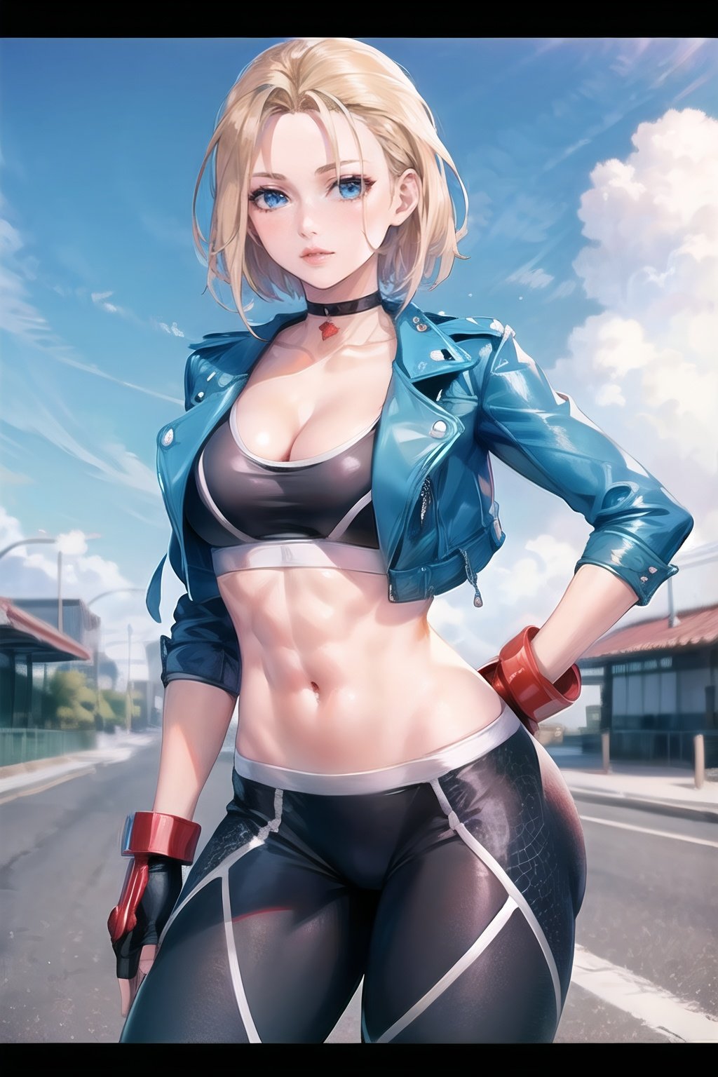 cammy_blue_jacket_aiwaifu,cammy white,cammy_blue_jacket_aiwaifu,short hair, blue eyes, gloves, jacket, fingerless gloves,blonde hair, cropped jacket,red gloves, choker, pants, jacket, navel, blue jacket, fingerless gloves, scar, scar on cheek, midriff,scar on face, sports bra, crop top, short hair,antenna hair, cleavage,open jacket, black pants, lips,yoga pants, toned, leather, makeup, black choker, tight pants,leather jacket, muscular, muscular female,blue jacket,union jack,tight, large breasts, cleavage, toned, collarbone,
masterpiece,best quality,ultra detailed, 8k, cinematic light,highly detailed, scenery,pose,solo,looking at viewer,