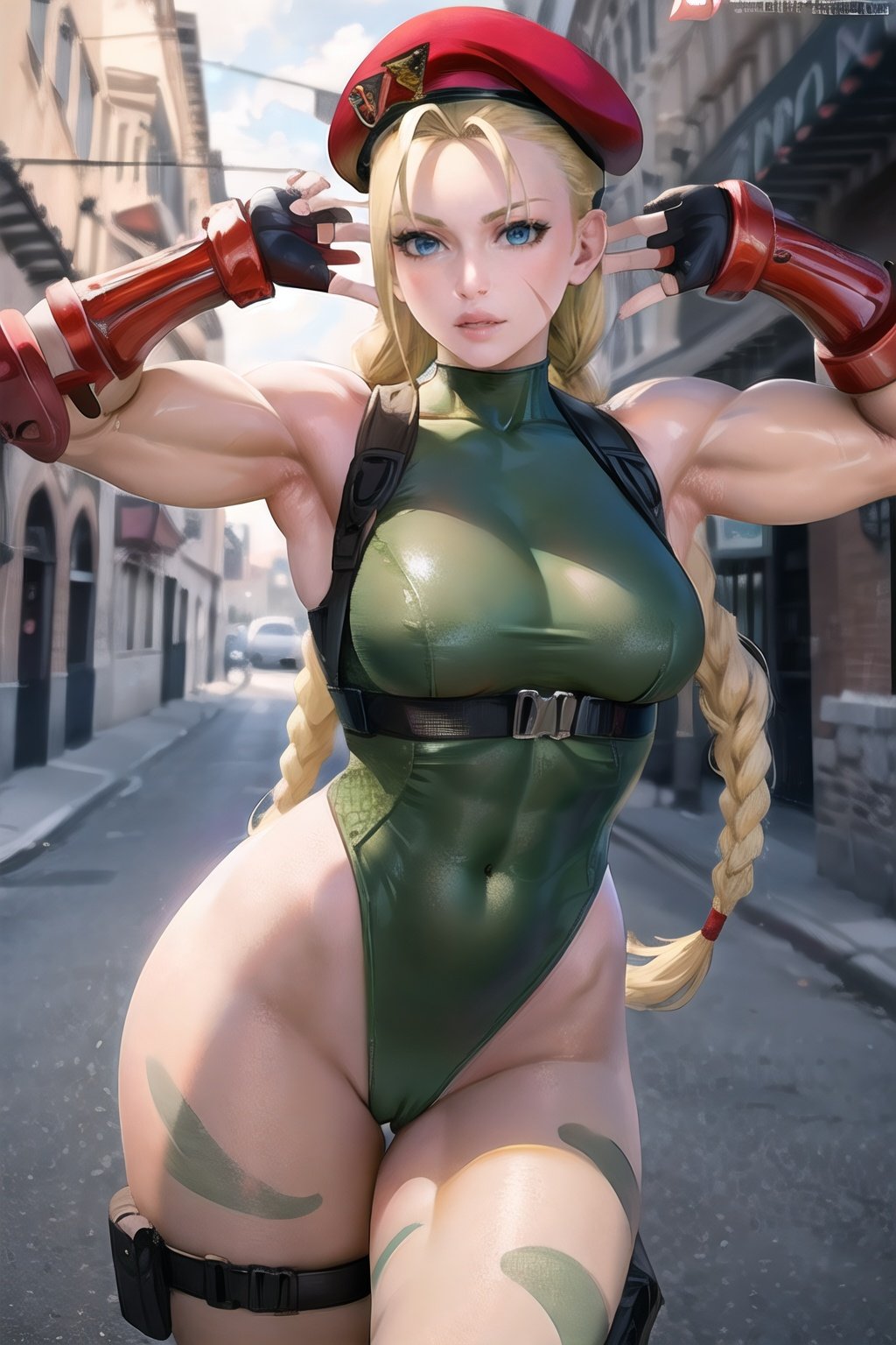 "cammy_green_bodysuit_aiwaifu,cammy white,hat,long hair,beret,braid,twin braids,gloves,green leotard,blue eyes,fingerless gloves.scar,highleg leotard,antenna hair,highleg,lips,red gloves,muscular,red headwear,large breasts,camouflage,thick thighs,covered navel,thong leotard,muscular female,abs,scar on face,thigh strap,bare shoulders,bodypaint,covered nipples,scar on cheek,very long hair,skin tight,toned,cameltoe,thigh holster,shiny skin,impossible leotard,collarbone,long braid,chest harness,makeup,turtleneck,	"
masterpiece,best quality,ultra detailed, 8k, cinematic light,highly detailed, scenery,pose,solo,looking at viewer,cammy_green_bodysuit_aiwaifu