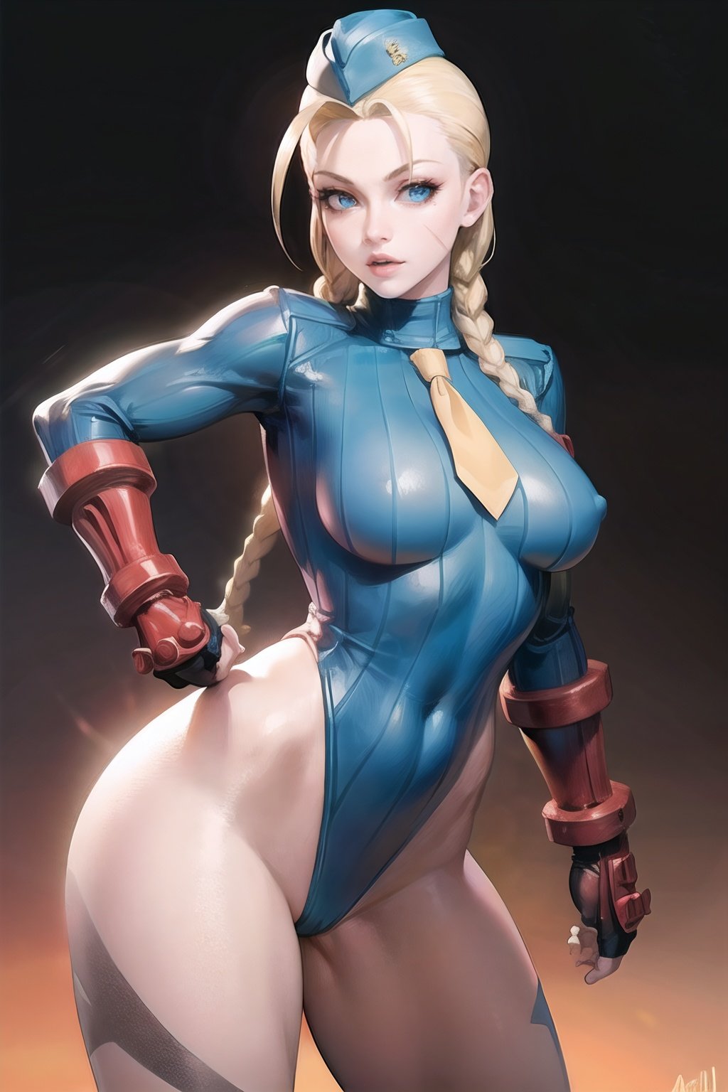 cammy_blue_bodysuit_aiwaifu,cammy white,cammy_blue_bodysuit_aiwaifu,blonde hair,leotard,long hair, hat, blue leotard, gloves, garrison cap, braid, twin braids, blue eyes, fingerless gloves, scar, ribbed leotard, necktie, highleg leotard, bodypaint, highleg ,thong leotard, red gloves, very long hair, lips, scar on face, large breasts, yellow necktie, blue headwear, scar on cheek, thick thighs, covered nipples, turtleneck, antenna hair, makeup, long braid, toned, skin tight,
masterpiece,best quality,ultra detailed, 8k, cinematic light,highly detailed, scenery,pose,solo,looking at viewer,