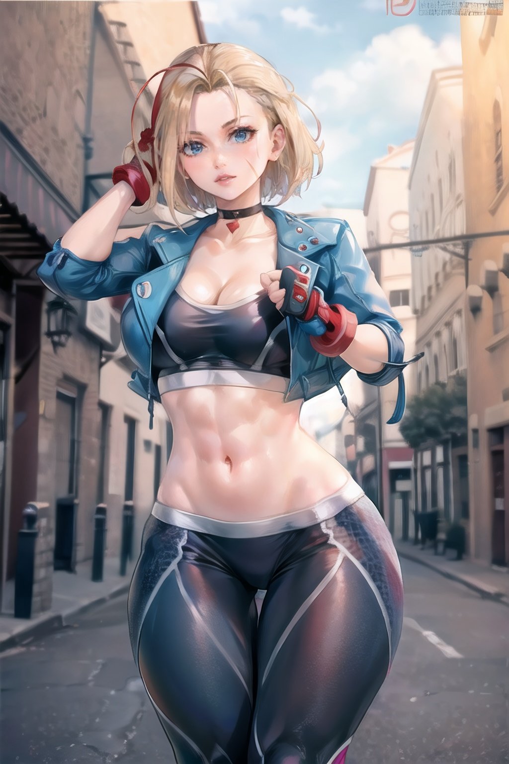 cammy_blue_jacket_aiwaifu,cammy white,cammy_blue_jacket_aiwaifu,short hair, blue eyes, gloves, jacket, fingerless gloves,blonde hair, cropped jacket,red gloves, choker, pants, jacket, navel, blue jacket, fingerless gloves, scar, scar on cheek, midriff,scar on face, sports bra, crop top, short hair,antenna hair, cleavage,open jacket, black pants, lips,yoga pants, toned, leather, makeup, black choker, tight pants,leather jacket, muscular, muscular female,blue jacket,union jack,tight, large breasts, cleavage, toned, collarbone,
masterpiece,best quality,ultra detailed, 8k, cinematic light,highly detailed, scenery,pose,solo,looking at viewer,