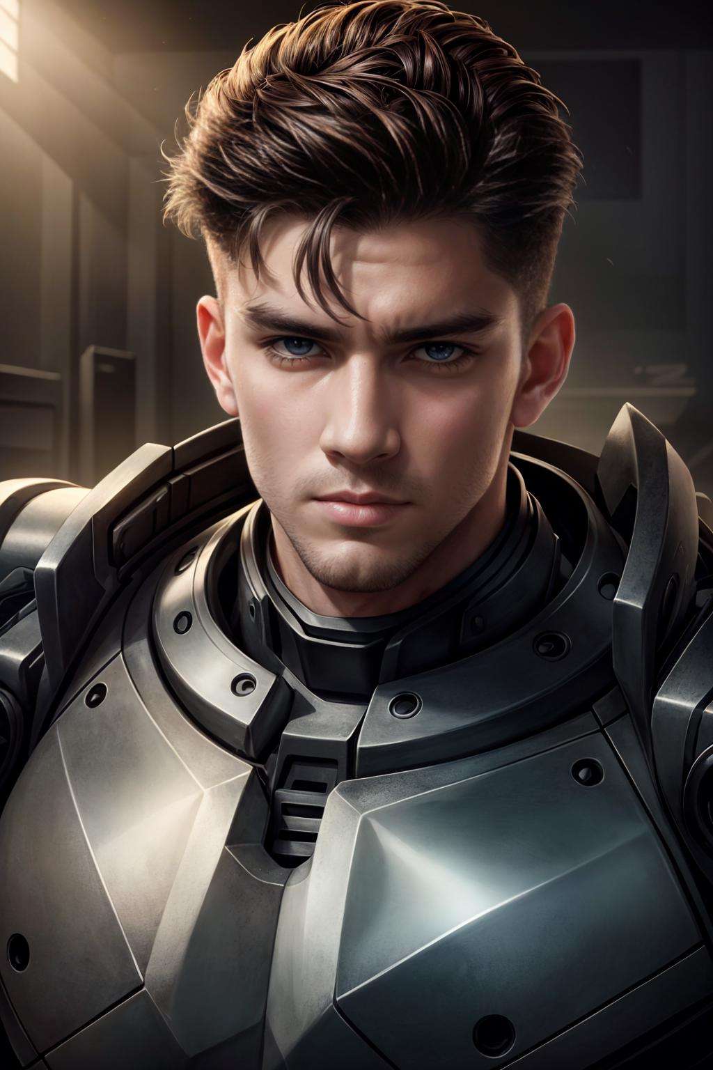 realistic, masterpiece, best quality, cinematic lighting, natural shadow, highest detail, professional photography, detailed background, depth of field, insane details, intricate, aesthetic, detailed face, subsurface scattering, realistic hair, realistic eyes, 1boy, muscular, masculine, large pectorals, Portrait photo of a handsome man in a worn mech suit, rusted metal, sharp focus, photo by mark henderson, soft lighting, vibrant colors, looking at viewer, robot eyes,