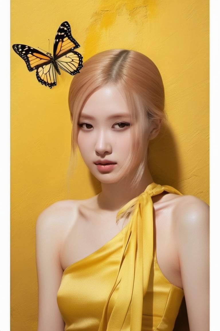 woman with butterfly in yellow wall, hip skirt wings, High quality, best quality, photorealistic