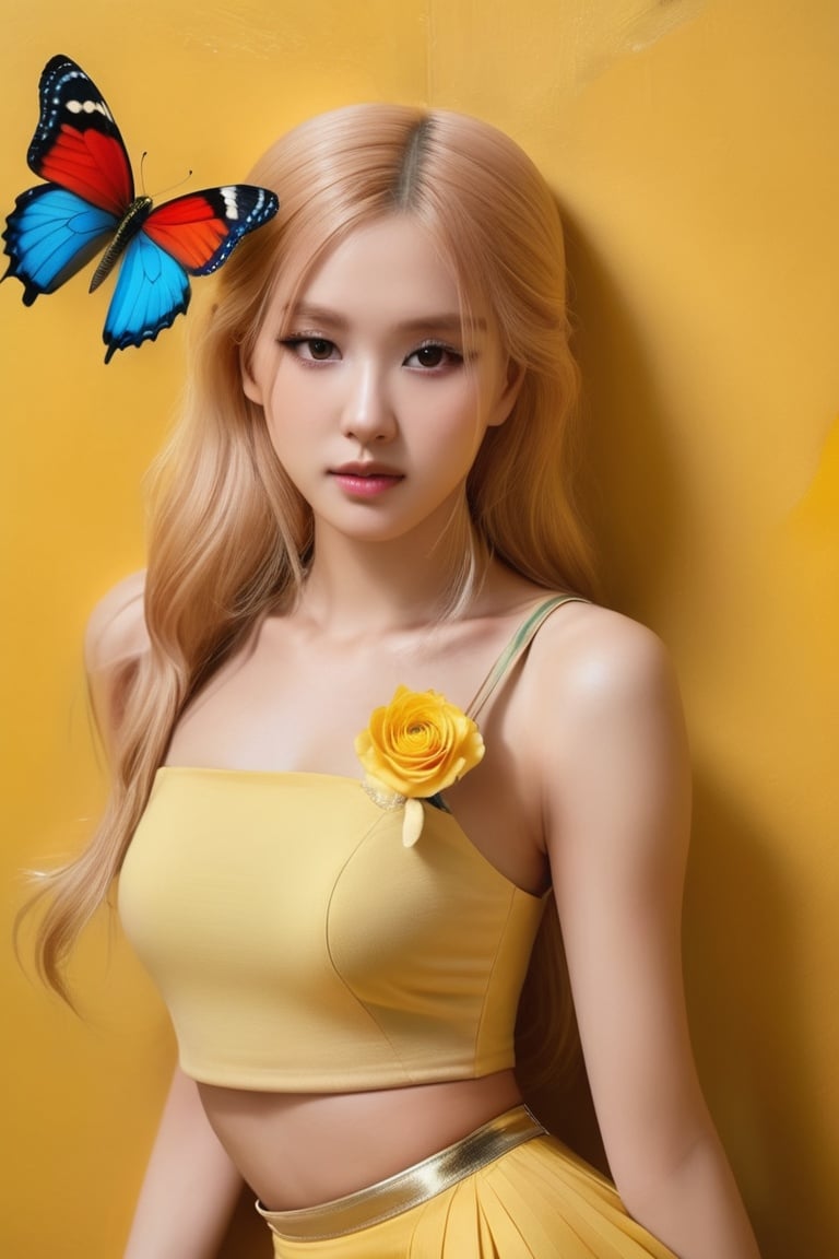 woman with a butterfly in yellow wall, hip skirt wings, Best quality, masterpiece, photorealistic, ultra high res, 8K raw photo, potrait of beatifull girl, beautifull face, detailed eyes, roses_are_rosie