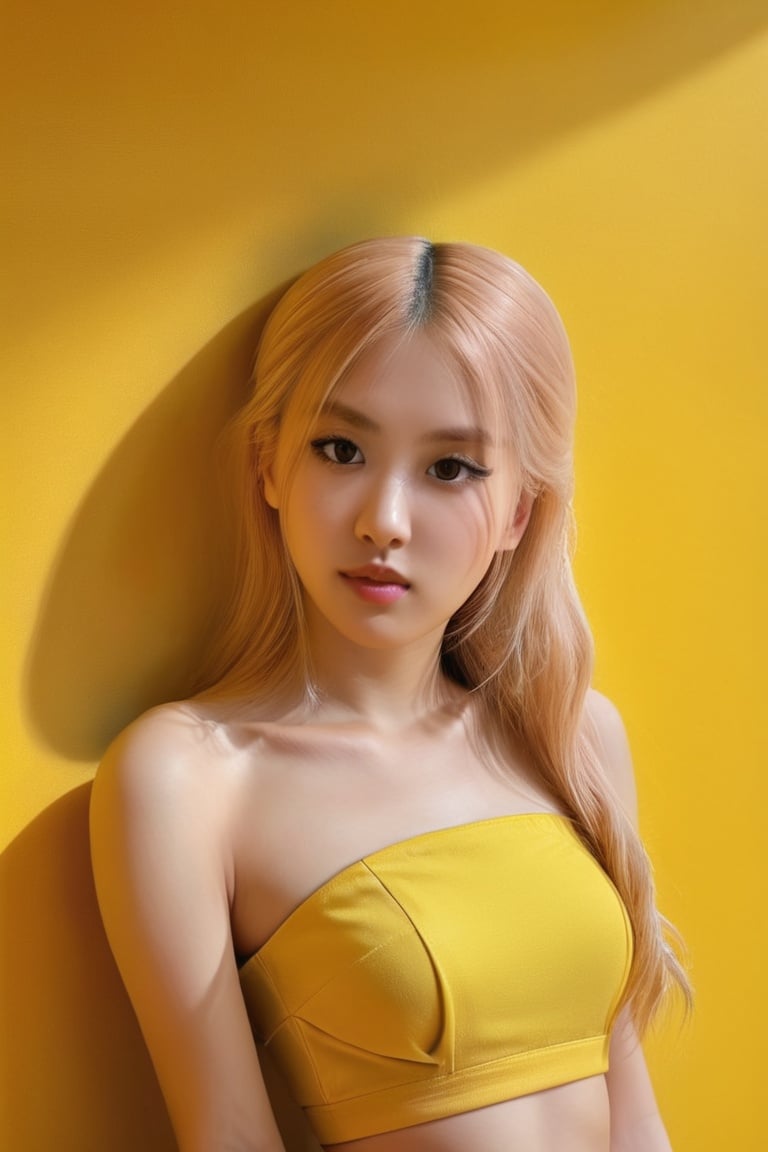 woman with a yellow in yellow wall, hip skirt wings, Best quality, masterpiece, photorealistic, ultra high res, 8K raw photo, potrait of beatifull girl, beautifull face, detailed eyes, roses_are_rosie