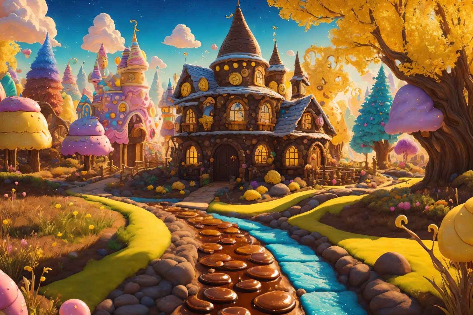 (Masterpiece, best quality:1.3), highly detailed, fantasy, <lora:Candyland-10:1>, 8k, candyland, dynamic, cinematic, ultra-detailed, full background, fantasy, illustration, drip, sparkle, pancake:1.3), grass, syrup, glitter, scenery, ((no humans)), drizzle, beautiful, (shiny:1.2), various colors, monolithic, bloom:0.4, extremely detailed, (yellow and brown theme:1.3), striped, rainbow, (gradients)