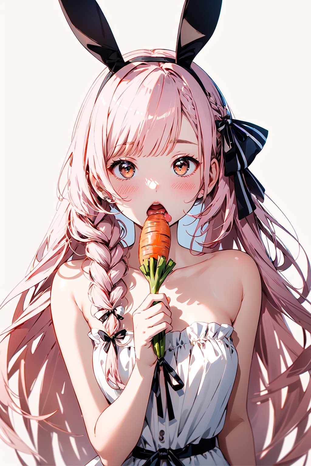 (masterpiece:1.2), best quality,pixiv,1girl, solo, animal ears, carrot, rabbit ears, pink hair, braid, white background, long hair, simple background, bare shoulders, mouth hold, food in mouth, upper body, bangs, strapless, ribbon, brown eyes, tongue, hair ribbon, blush, food, white dress, dress, open mouth <lora:midjourney:1>