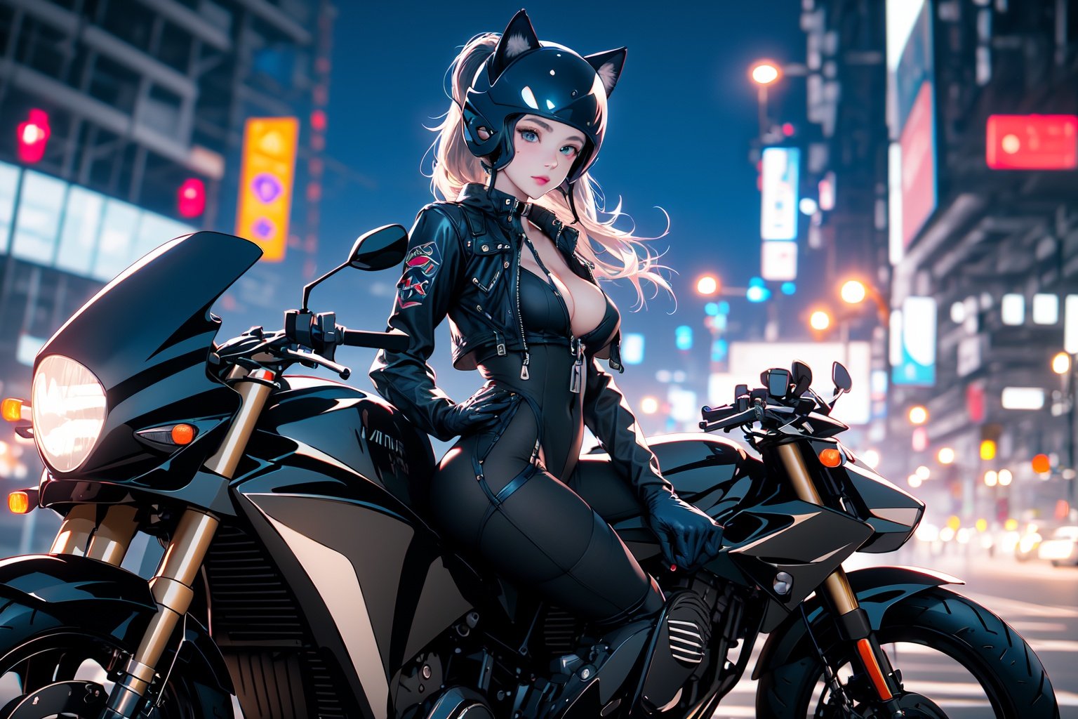 (masterpiece:1.2), best quality,realistic,midjourney,1girl, motorcycle, ground vehicle, motor vehicle, solo, helmet, long hair, bodysuit, animal ears, blue eyes, motorcycle helmet, blurry background, blurry, looking at viewer, gloves, cat ears, black bodysuit, biker clothes, sitting, black gloves, ponytail, fake animal ears, night,  collar, skin tight, depth of field,big breast,show cleavage, <lora:midjourney:1>