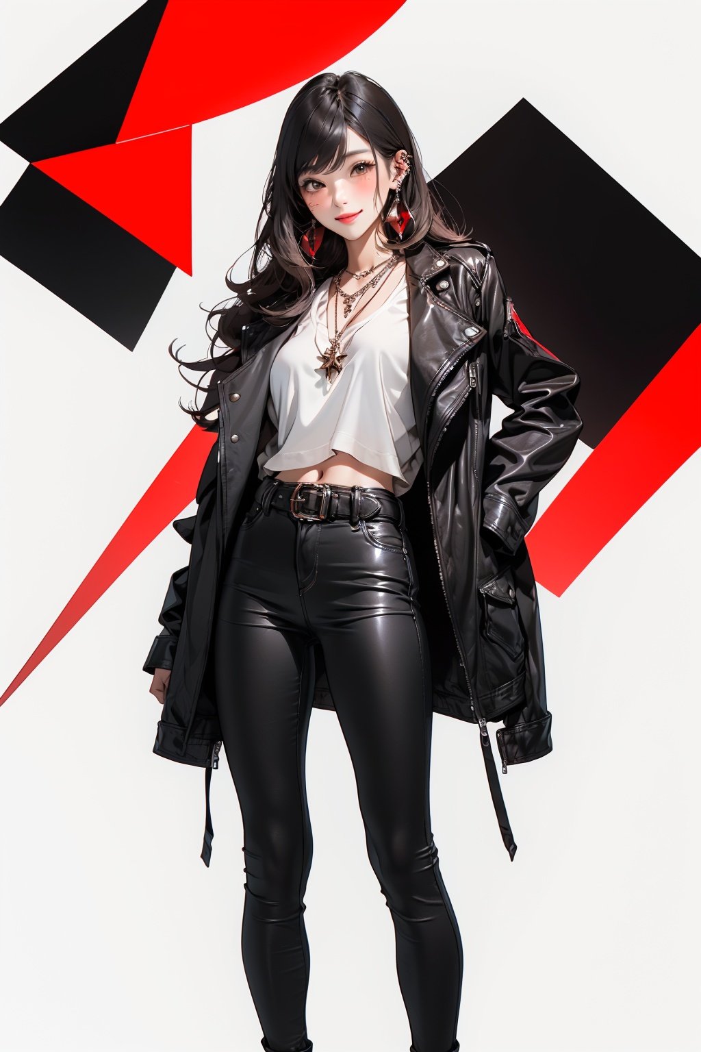 (masterpiece:1.2), best quality,CG,midjourney,1girl, jewelry, solo, long hair, leather, black hair, ring, leather jacket, earrings, jacket, white background, looking at viewer, simple background, black jacket, pants, brown eyes, breasts, bangs, piercing, black pants, long sleeves, belt, cowboy shot, leather pants, closed mouth, ear piercing, zipper, blush, cropped jacket, necklace, shirt, smile <lora:midjourney:1>