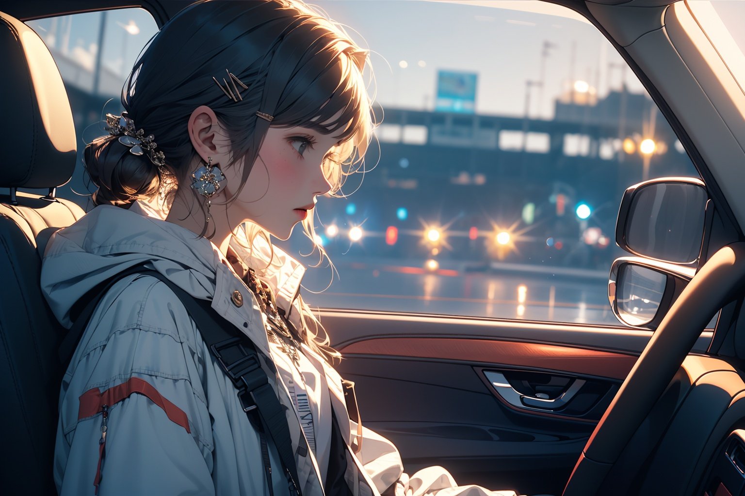 (masterpiece:1.2), best quality,CG,midjourney,car interior, 1girl, jewelry, earrings, car, hair ornament, hairclip, motor vehicle, ground vehicle, jacket, 1boy, blush, driving, blurry, bangs, seatbelt, hood, solo focus, white jacket, from side, profile, sitting, blurry background, steering wheel <lora:midjourney:1>