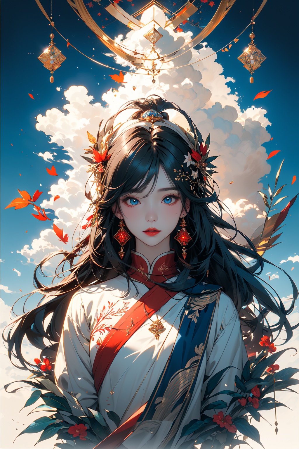 (masterpiece:1.2), best quality,realistic,midjourney,1girl, long hair, black hair, solo, jewelry, hair ornament, earrings, blue eyes, upper body, red lips, cloud, looking at viewer, artist name, closed mouth, sky, leaf, long sleeves, chinese clothes <lora:midjourney:1>