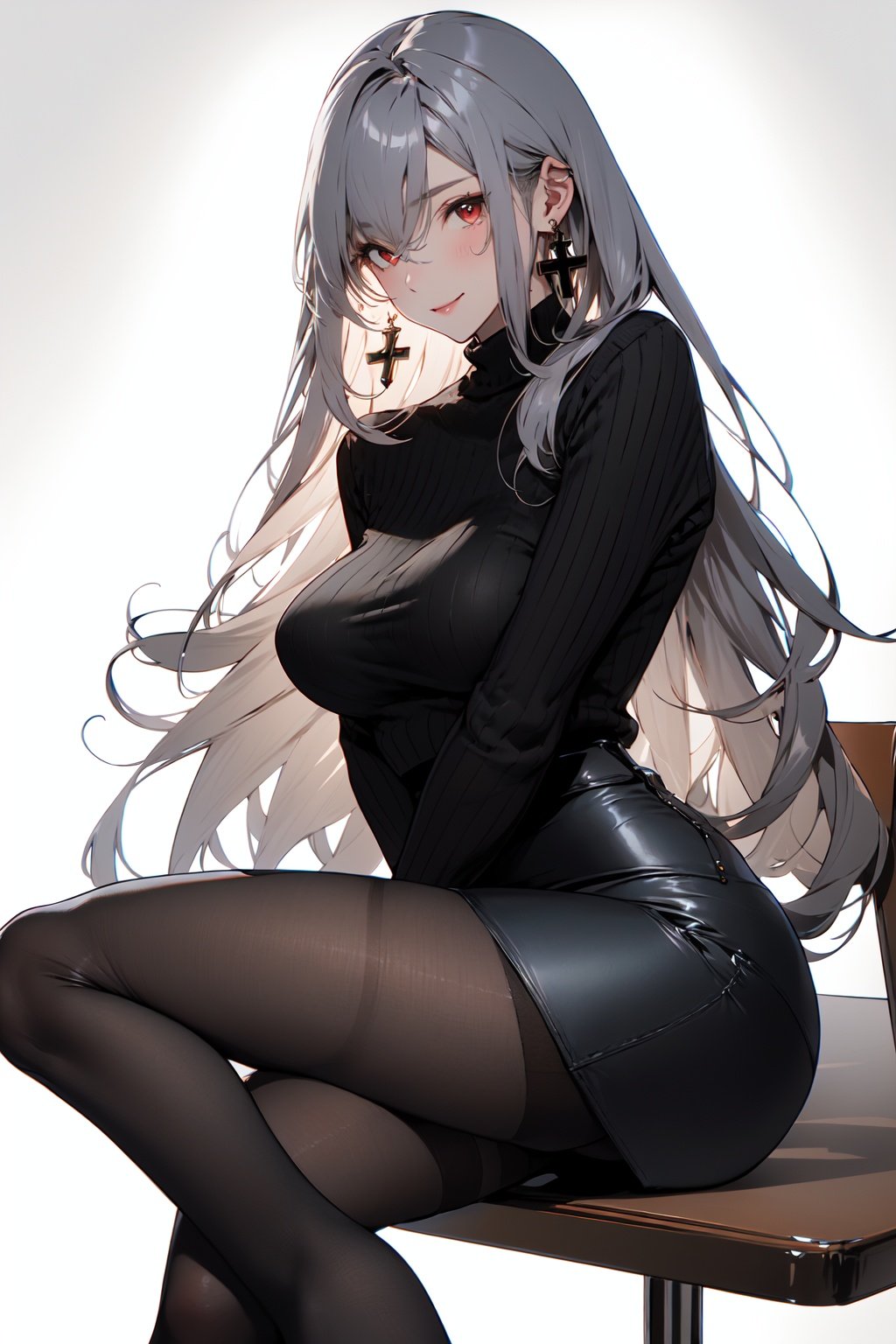 (masterpiece:1.2), best quality,pixiv,midjourney,1girl, solo, long hair, pantyhose, sitting, jewelry, skirt, red eyes, earrings, looking at viewer, sweater, cross earrings, grey hair, very long hair, simple background, feet out of frame, black skirt, breasts, hair between eyes, black pantyhose, white background, bangs, long sleeves, closed mouth, pencil skirt, cross, black sweater, smile, crossed legs, thighs, turtleneck, blush, turtleneck sweater, large breasts, ribbed sweater, high-waist skirt, miniskirt <lora:midjourney:1>