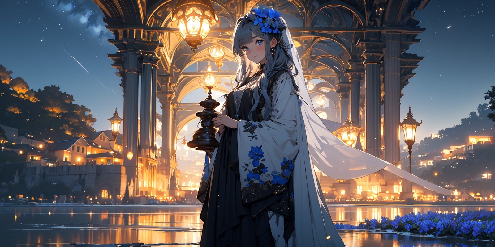 (masterpiece:1.2), best quality,realistic,midjourney,1girl, blue eyes, flower, long hair, solo, looking at viewer, night, blue flower, dress, holding, outdoors, lantern, bangs, veil, hair flower, grey hair, hair ornament, jewelry, closed mouth, black dress, sky, breasts, night sky, long sleeves, scenery, wide sleeves, water, very long hair, looking to the side, blush, star (sky) <lora:midjourney:1>