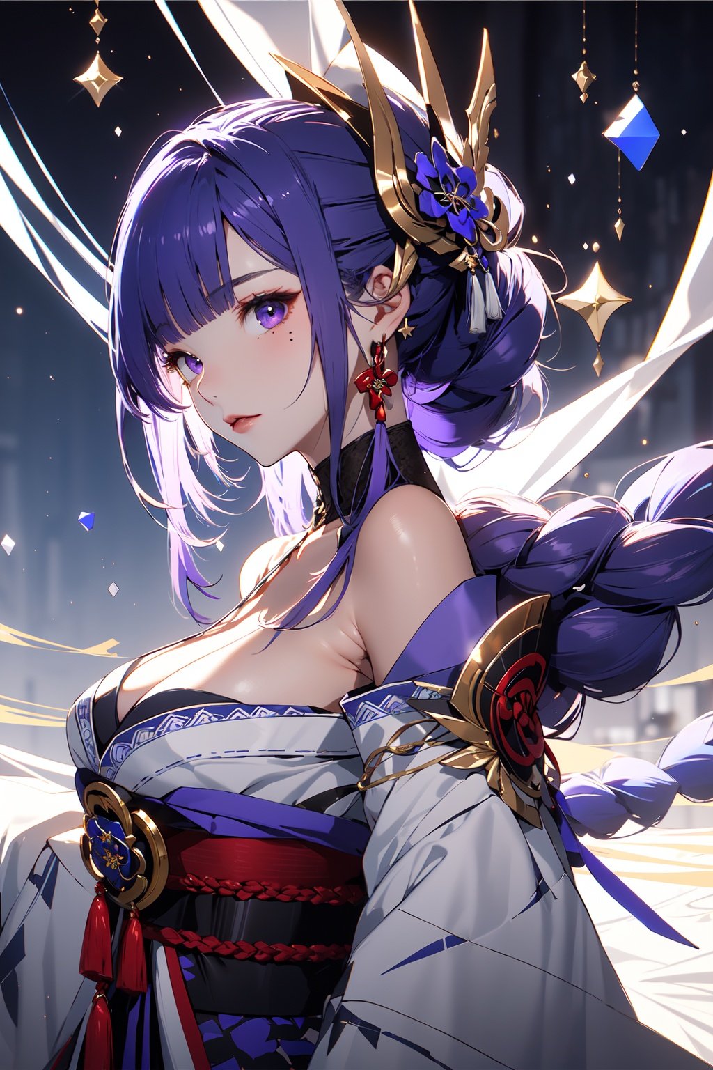 (masterpiece:1.2), best quality,pixiv,1girl, solo, raiden shogun, purple eyes, long hair, japanese clothes, breasts, looking at viewer, braid, kimono, purple hair, sash, hair ornament, cleavage, bangs, jewelry, earrings, obi, mole, braided ponytail, purple kimono, vision (genshin impact), upper body, mole under eye, closed mouth, tassel, off shoulder, large breasts, shoulder armor, very long hair, long sleeves, red ribbon, ribbon, armor, from side <lora:midjourney:1>