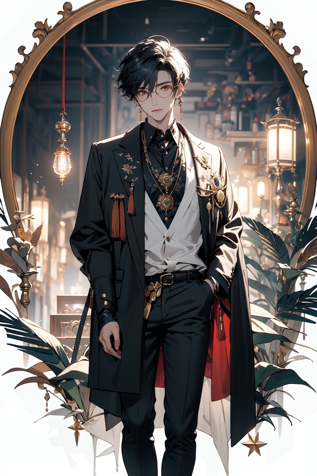 (masterpiece:1.2), best quality,realistic,midjourney,1boy, gloves, male focus, quill, glasses, jewelry, earrings, eyewear strap, white background, black hair, monocle, holding, black gloves, short hair, hand in pocket, book, shirt, long sleeves, simple background, looking at viewer, tassel, hair between eyes, multiple views, lamp, bangs, collared shirt, paper, single earring, coat, pants, black coat, round eyewear, closed mouth, solo <lora:midjourney:1>