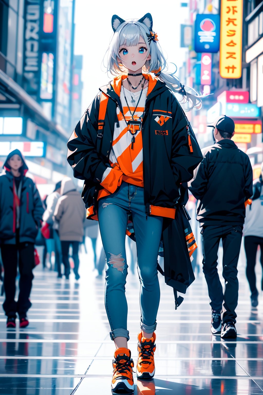 (masterpiece:1.2), best quality,pixiv,midjourney,backpack, bag, blue eyes, 1girl, street, shoes, sneakers, blurry background, blurry, outdoors, white hair, solo focus, looking at viewer, hand in pocket, road, hair ornament, bangs, jacket, walking, animal print, city, crosswalk, orange footwear, long sleeves, long hair, full body, standing, :o, building, hands in pockets <lora:midjourney:1>