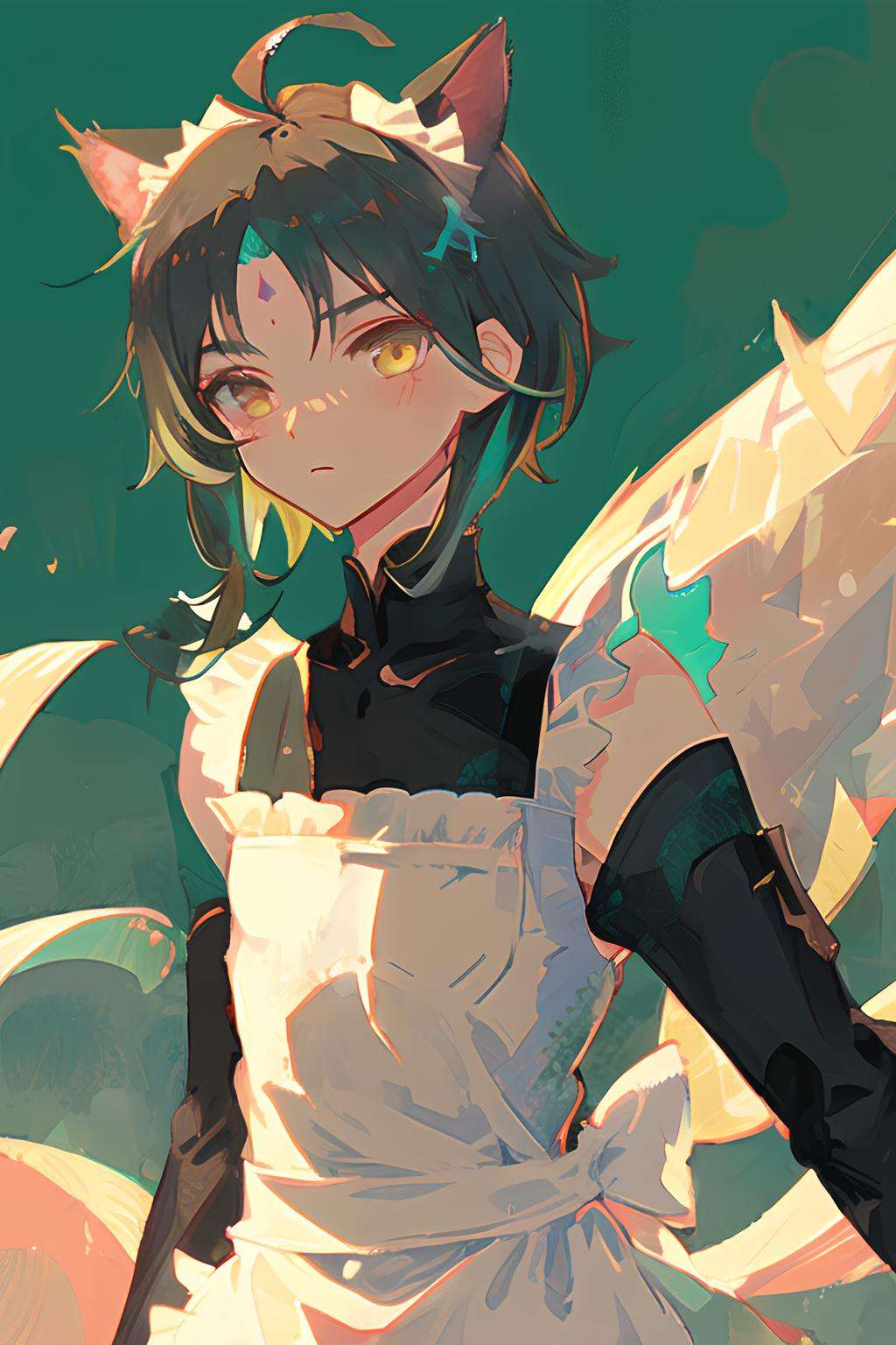 masterpiece, best quality, ultra detailed,illustration,  detailed light, (dynamic angle), detailed eyes,<lora:Genshin_Xiao_AP:0.9>, 1boy, ((solo)), flat chest,  (multicolored hair:0.7), dark green hair, short hair, yellow eyes, forehead mark, forehead, ahoge, (Maid dress:1.4),(maid headdress:1.2),detached sleeves,(cat ears:1.2), blush, nose blush,((frills)), frilled collarbone, ribbons,(polka dot background),Simple pattern background, upper body, looking at viewer