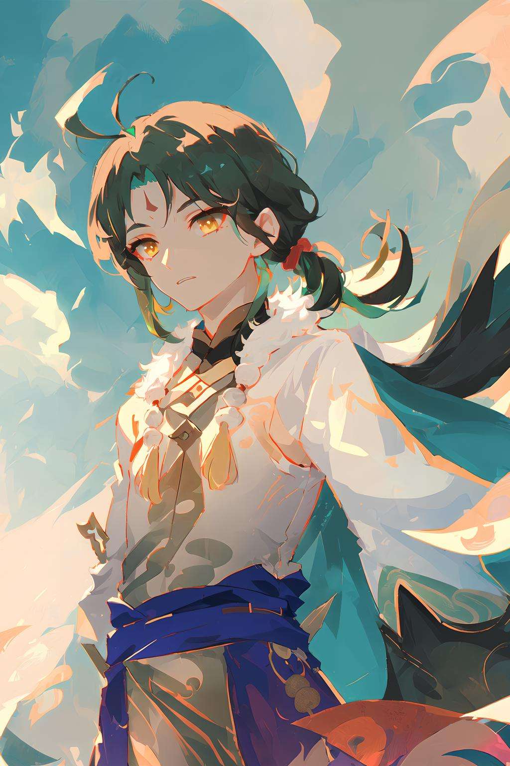 masterpiece, best quality, ultra detailed,illustration,  detailed light, (dynamic angle), detailed eyes, floating, (dynamic angle),<lora:Genshin_Xiao_AP:0.75>, ((1boy)), ((solo)), flat chest, dark green hair, yellow eyes, forehead mark, forehead, ahoge, (jewelry), necklace, (jade pendant on waist),girdling,(high ponytail), hair scrunchie, ((cloak)), ((((fur)))), ((hanfu)), ((Taoist robe)), ((chinese clothes)), ((chinese style)), (((moire))),cloudy sky,upper body, looking at viewer