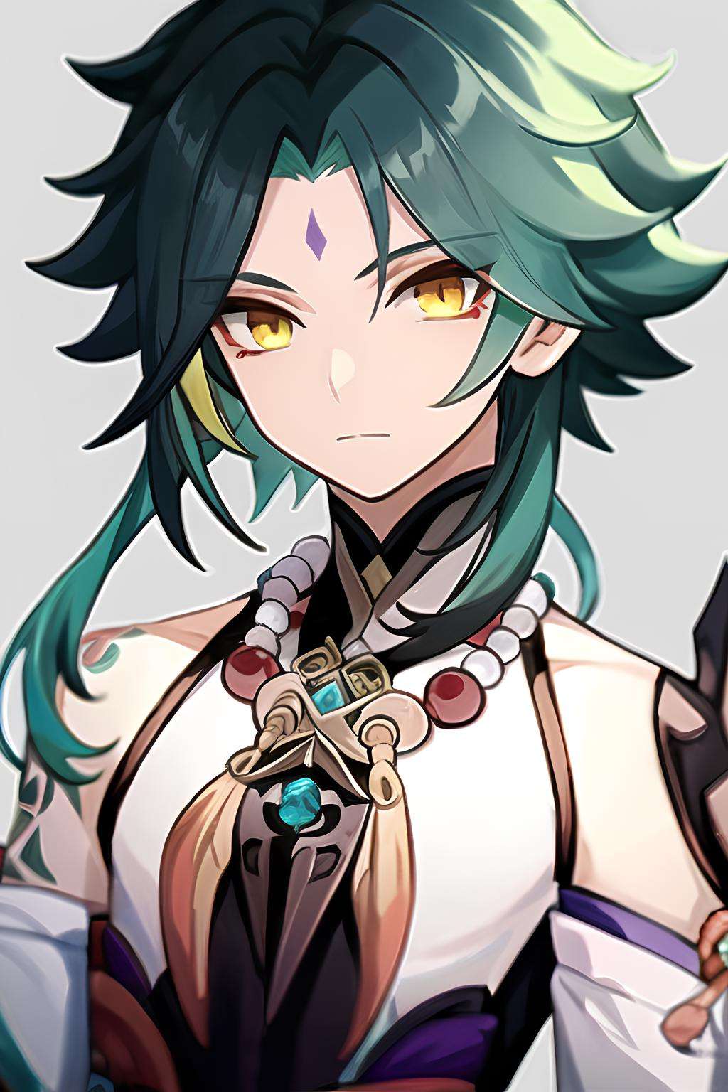 masterpiece, best quality, ultra detailed,illustration,  detailed light, <lora:Genshin_Xiao_AP:0.8>,1boy, shota, solo,  (multicolored hair:0.6), dark green hair, messy short hair, yellow eyes, (forehead mark:0.7), (arm tattoo:0.7), (white clothes), xiao \(genshin impact\), jewelry,  bead necklace, necklace, simple background, upper body, looking at viewer