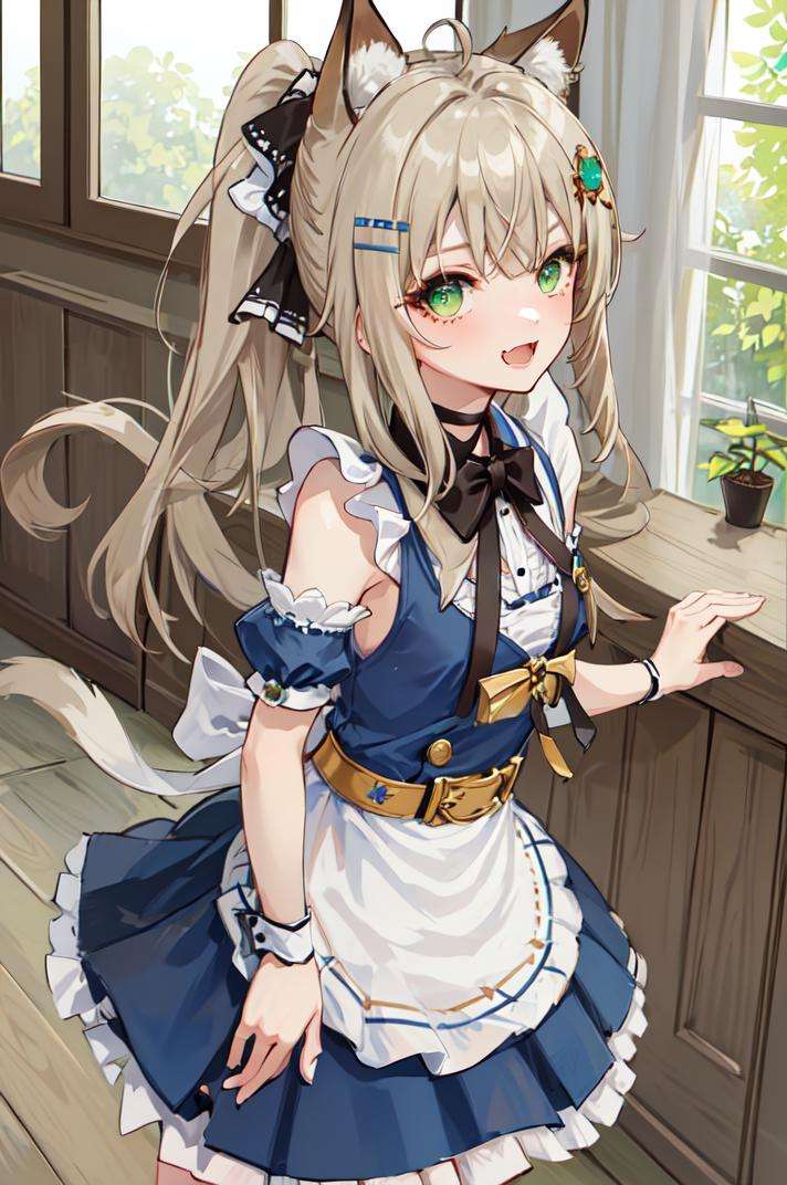 masterpiece, best quality, <lora:Genshin_Kirara_AP_v1:0.6:LESS>, 1girl, head, green eyes, animal ears, ahoge, (long straight hair:1.2), ponytail, hair ornament, bare shoulders, small breasts,(two tails:1.1),happy, open mouth, fang, blush, (maid:1.2), ribbon, frills, indoors, 